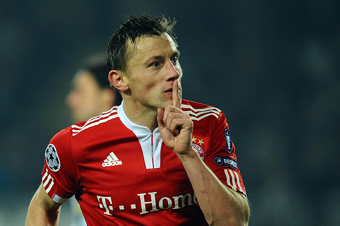Bayern Munich's  Ivica Olic gestures after scoring, during a Champions League, group A,  soccer match between Juventus and Bayern Munich at the Olympic Stadium, in Turin, Italy, Tuesday, Dec. 8, 2009. (AP Photo/Massimo Pinca)