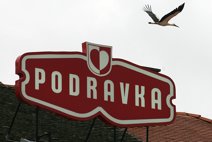 Osijek, 220508.Dimnjak skriven iza Podravkine reklame na Trgu Ante Starcevica posluzio je paru roda kao novi dom nakon sto su se ponovo vratile u grad. Foto: Igor Sambolec / CROPIX