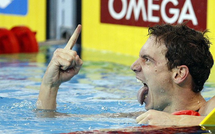 Croatia's Duje Draganja reacts after winning the 100m Individual Medley final at the European Short Course Swimming Championships in Istanbul, Sunday, Dec. 13, 2009. (AP Photo/Darko Bandic)