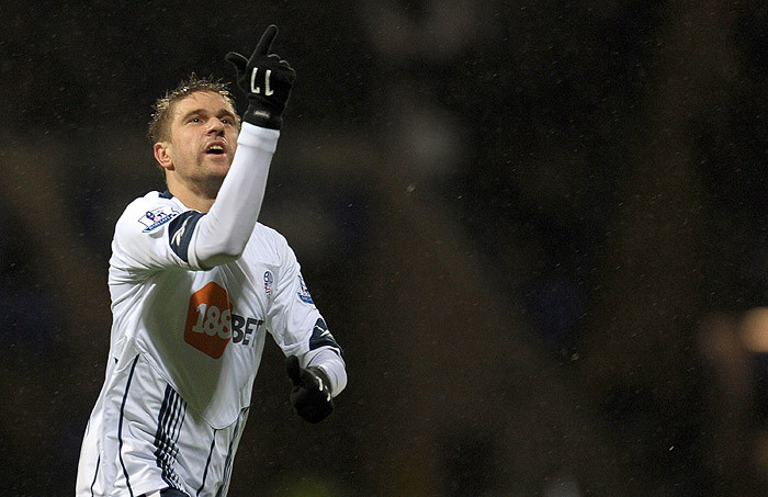 Bolton Wanderers' Croatian forward Ivan Klasnic celebrates scoring against Hull City during their English Premier League football match at The Reebok Stadium in Bolton, north-west England, on December 29, 2009. AFP PHOTO/PAUL ELLIS -  FOR EDITORIAL USE ONLY Additional licence required for any commercial/promotional use or use on TV or internet (except identical online version of newspaper) of Premier League/Football League photos. Tel DataCo +44 207 2981656. Do not alter/modify photo.
