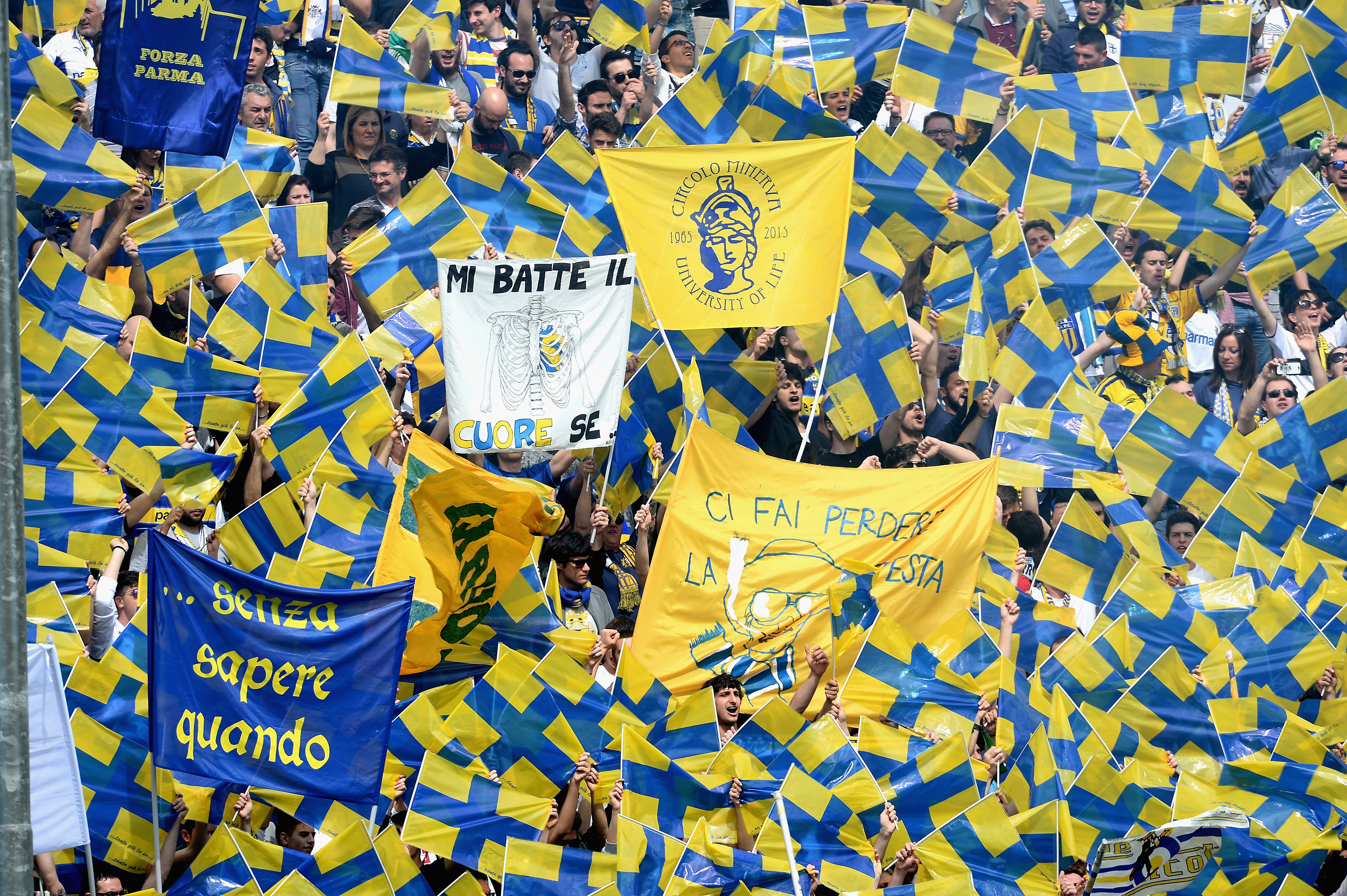 PARMA, ITALY - APRIL 17:  The supporters of  Parma celebrates durnig the Serie D match between Parma Calcio 1913 and Delta Rovigo at Stadio Tardini on April 17, 2016 in Parma, Italy.  (Photo by Roberto Serra/Iguana Press/Getty Images)
