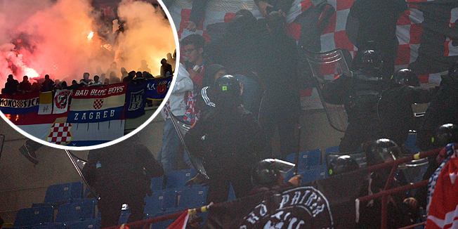Milano, Italija, 161114.Stadion San Siro.Kvalifikacijska utakmica za Europsko prvenstvo 2016. godine izmedju reprezentacija Italije i Hrvatske.Na fotografiji: zbog nereda i baklji bacanih na teren utakmica je prekinuta.Foto: Damir Krajac / CROPIX