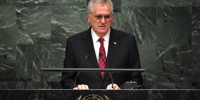 Tomislav Nikolic, President of the Republic of Serbia, speaks to the United Nations Sustainable Development Summit at the United Nations General Assembly in New York on September 27, 2015. AFP PHOTO / TIMOTHY A. CLARY