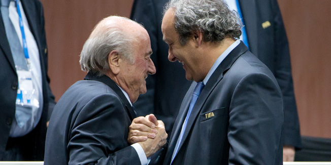 ZURICH, SWITZERLAND - MAY 29: FIFA President Joseph S. Blatter (L) shakes hands with UEFA president Michel Platini during the 65th FIFA Congress at Hallenstadion on May 29, 2015 in Zurich, Switzerland. (Photo by Philipp Schmidli/Getty Images)
