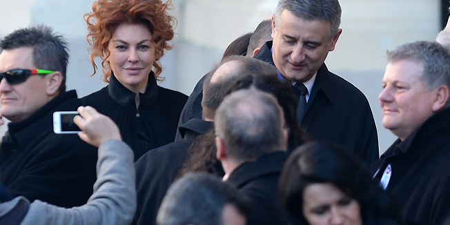 Zagreb, 150215.Markov trg.Svecana predsjednicka inauguracija novoizabrane predsjednice RH Kolinde Grabar Kitarovic na Trgu sv. Marka.Na fotografiji: Ana Saric i Tomislav Karamarko.Foto: Goran Mehkek / CROPIX
