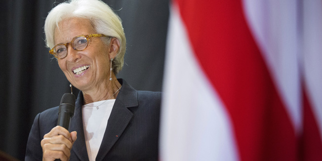 MONROVIA, LIBERIA - SEPTEMBER 11:  In this handout provided by the International Monetary Fund (IMF), International Monetary Fund Managing Director Christine Lagarde speaks at the Monrovia City Hall Theater September 11, 201 in Monrovia, Liberia. Lagarde is on a several day visit to Liberia. (Photo by Stephen Jaffe/IMF via Getty Images)