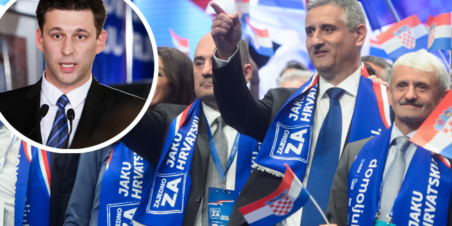 Zagreb, 051115.Arena Zagreb.Zavrsni predizborni skup HDZ-a i Domoljubne koalicije u Areni Zagreb.Na fotografiji: Rimac Ivana, Milijan Brkic i Tomislav Karamarko.Foto: Goran Mehkek / CROPIX