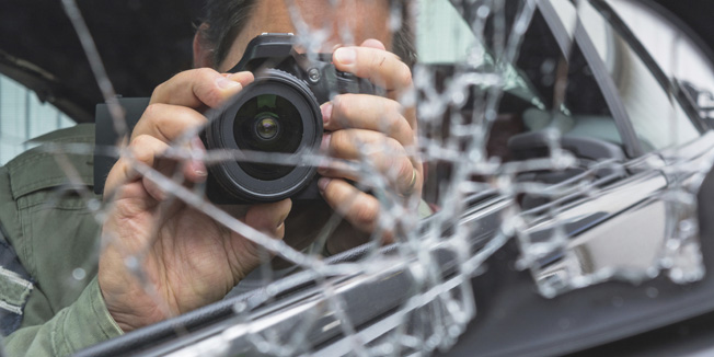 Mirror image of a photographer in the broken car mirror