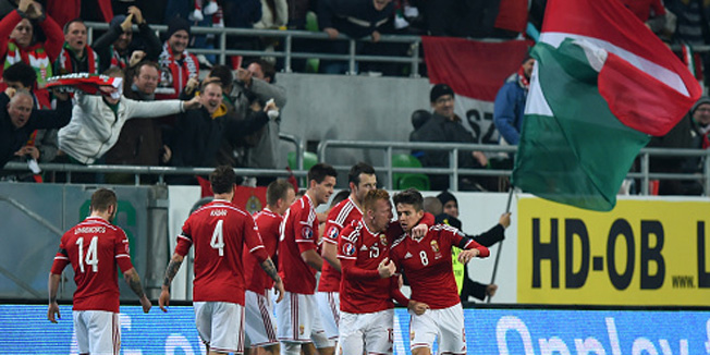 BUDAPEST, HUNGARY - NOVEMBER 15:  Hungary players celebrate after teammate Tamas Priskin (not seen) of Hungary scores the opening goal during the UEFA EURO 2016 Qualifier Play-Off, second leg match between Hungary and Norway at Groupama Arena on November 15, 2015 in Budapest, Hungary.  (Photo by Shaun Botterill/Getty Images)