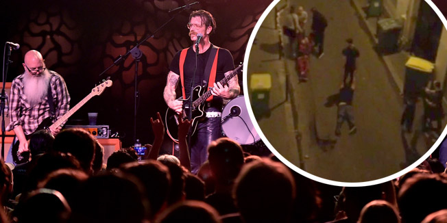 (FILES) - A file picture taken on  October 19, 2015, (L-R) Musicians Dave Catching, Jesse Hughes, Josh Homme and Matt McJunkins of Eagles of Death Metal perform at the Teragram Ballroom in Los Angeles, California. At least 18 people were killed in a series of gun attacks across Paris on November 12, 2015, as well as explosions outside the national stadium where France was hosting Germany. Police said at least 15 people had been killed at the Bataclan concert hall in central Paris. The scheduled headliner on November 12, 2015, at the Bataclan concert hall was Eagles of Death Metal, a California  band that was on a tour of Europe after releasing last month its first album in seven years. Kevin Winter/Getty Images/AFP== FOR NEWSPAPERS, INTERNET, TELCOS & TELEVISION USE ONLY ==