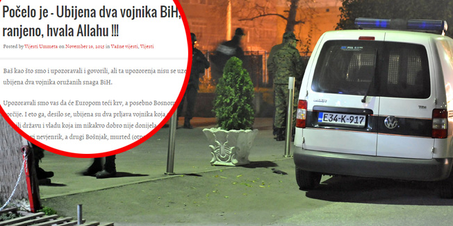 Bosnian military personnel are seen working with police  during an investigation in Sarajevo's Northern suburb of Rajlovac  late on November 18, 2015, after an attack by an armed suspect. Two soldiers from the Bosnian army were shot dead when the gunman used an automatic weapon to shoot a  betting shop near army barracks. The gunman also shot at a bus when fleeing the area, injuring an additional three people.  AFP PHOTO/  ELVIS BARUKCIC