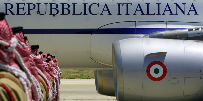 AMMAN, JORDAN - JUNE 10:  The aeroplane carrying Italian Prime Minister Silvio Berlusconi arrives at Amman airport June 10, 2003 in Amman, Jordan. Mr Berlusconi will meet with his Jordanian counterpart Ali Abu-Ragheb and with King Abdullah II during this visit.  (Photo by Salah Malkawi/Getty Images)