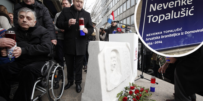 Zagreb, 291215.Otkrivanje ploce Trga Nevenke Topalusic na dosad neimenovanom platou ispred Ministarstva branitelja u Savskoj 66.Na fotografiji: Djuro Glogoski, Ante Deur, Milan Bandic.Foto: Dragan Matic / CROPIX