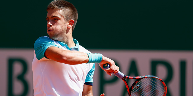MONTE-CARLO, MONACO - APRIL 13:  Borna Coric of Croatia in action against Alexandr Dolgopolov of Ukraine during day two of the Monte Carlo Rolex Masters tennis at the Monte-Carlo Sporting Club on April 13, 2015 in Monte-Carlo, Monaco.  (Photo by Julian Finney/Getty Images)