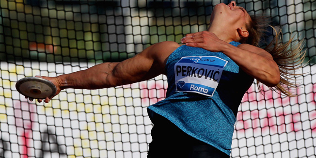 ROME, ITALY - JUNE 04:  Sandra Perkovic of Croatia competes in the women's discus throw during the IAAF Golden Gala at Stadio Olimpico on June 4, 2015 in Rome, Italy.  (Photo by Paolo Bruno/Getty Images)