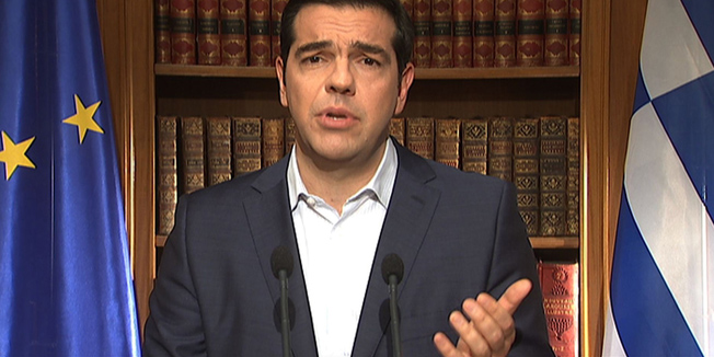 A TV grab shows Greek Prime Minister's address Alexis Tsipras addressing the nation in Athens on July 1, 2015. Nearly one in two Greeks intend to vote 'No' in a weekend referendum on the terms of its bailout, but capital controls are boosting the 'Yes' camp, a poll showed today. Prime Minister Alexis Tsipras has called on Greeks to vote 'No' in the plebiscite, which will ask voters whether they want to accept the latest deal from Athens' creditors -- a deal he has branded 