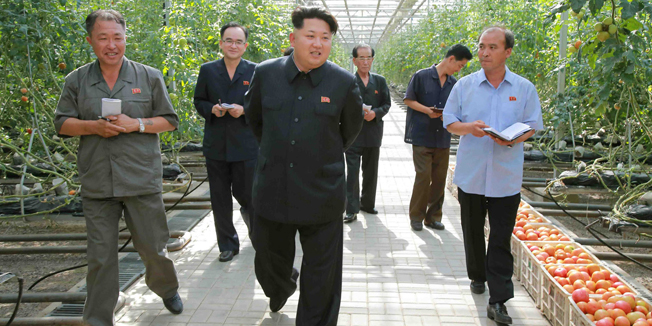 This undated picture released from North Korea's official Korean Central News Agency (KCNA) on July 7, 2015 shows North Korean leader Kim Jong-Un (C) inspecting the Pyongyang vegetable science institute in Pyongyang.  AFP PHOTO / KCNA via KNS    REPUBLIC OF KOREA OUTTHIS PICTURE WAS MADE AVAILABLE BY A THIRD PARTY. AFP CAN NOT INDEPENDENTLY VERIFY THE AUTHENTICITY, LOCATION, DATE AND CONTENT OF THIS IMAGE. THIS PHOTO IS DISTRIBUTED EXACTLY AS RECEIVED BY AFP.---EDITORS NOTE--- RESTRICTED TO EDITORIAL USE - MANDATORY CREDIT 