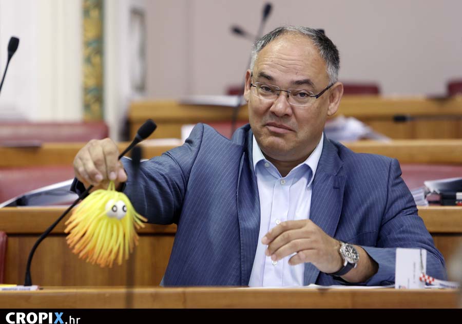 Zagreb, 140715.Trg svetog Marka.Sjednica Sabora RH.Na fotografiji: zastupnik Damir Kajin donio je gumenu meduzu i postavio je na zastupnicki mikrofon.Foto: Damjan Tadic / CROPIX
