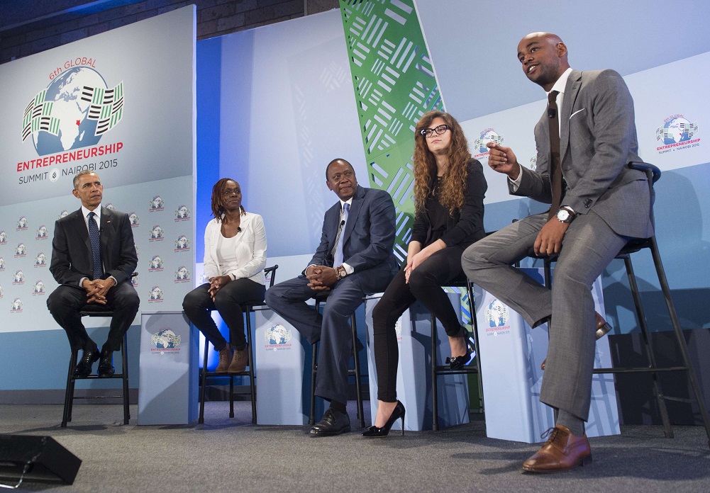 US President Barack Obama (L) and Kenyan President Uhuru Kenyatta (C) attend a panel discussion at the Global Entrepreneurship Summit at the United Nations Compound in Nairobi on July 25, 2015. Seated alongside are Jahiel Oliver (R), CEO of Hello Tractor, Josipa Majic (2nd R), CEO of Teddy the Guardian and Judith Owegar (2nd L), co-founder of Akirachix. US President Barack Obama said Saturday 