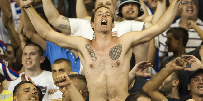 Split, 300715.Stadion Poljud.Prvi susret 3. pretkola  Europske lige u nogometu: utakmica izmedju HNK Hajduk i  FC StromsgodsetNa fotografiji: atmosfera na stadionu, navijaci.Foto: Josko Ponos / CROPIX