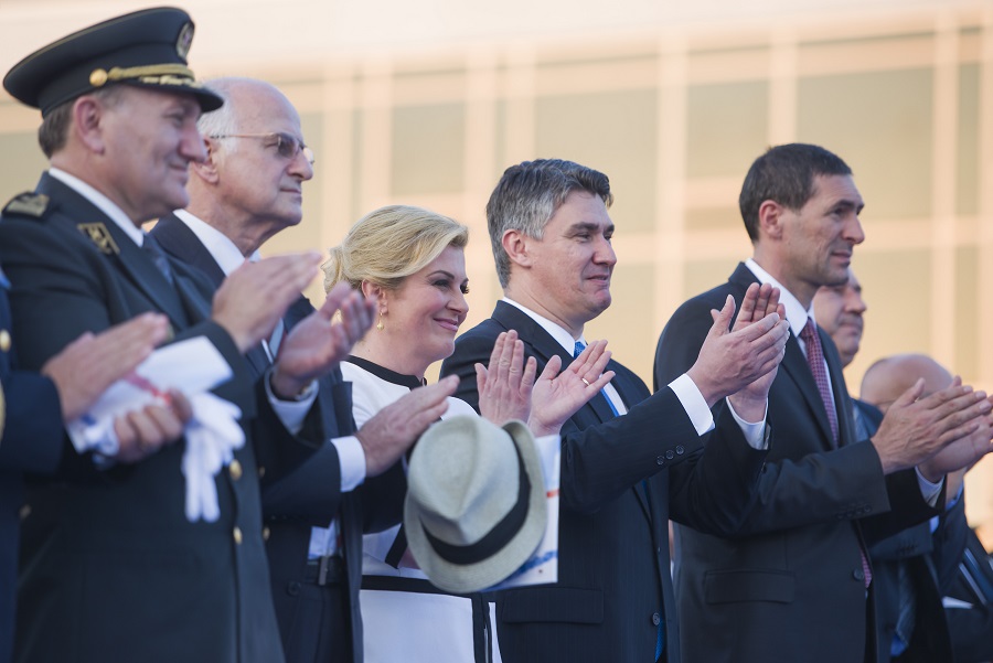 Zagreb, 040815.Vukovarska ulica.Svecani vojni mimohod povodom proslave obiljezavanja 20. obljetnice vojno redarstvene akcije Oluja i Dana pobjede i domovinske zahvalnosti. Na fotografiji: Drago Lovric, Josip Leko, Kolinda Grabar Kitarovic, Zoran Milanovic, Ante Kotromanovic.Foto: Neja Markicevic / CROPIX