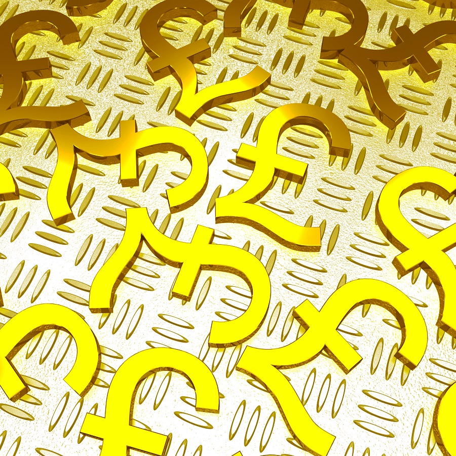 Pound Symbols Over The Floor Showing British Finances And Economy