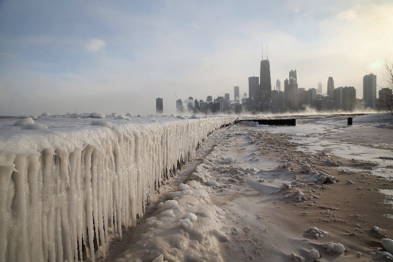 CHICAGO, IL - JANUARY 06: Ice builds up along Lake Michigan at North Avenue Beach as temperatures dipped well below zero on January 6, 2014 in Chicago, Illinois. Chicago hit a record low of -16 degree Fahrenheit this morning as a polar air mass brought the coldest temperatures in about two decades into the city.   Scott Olson/Getty Images/AFP