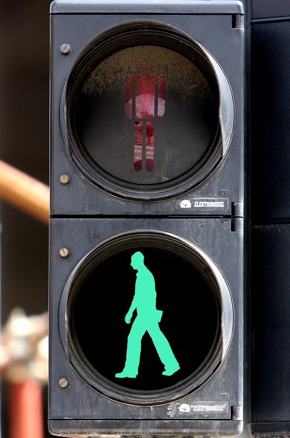 Osijek, 300510.Novinar Tomislav Levak autor je novog dizajna semafora za pjesake. Umjesto klasicnog 'hodaca', uskoro ce se na semafore postaviti silueta spomenika 'Setac' Augusta Cesarca, jedna od prepoznatljivih znamenitosti Osijeka.   Na slici: semafor s novim siluetamaFoto: Tomislav Levak