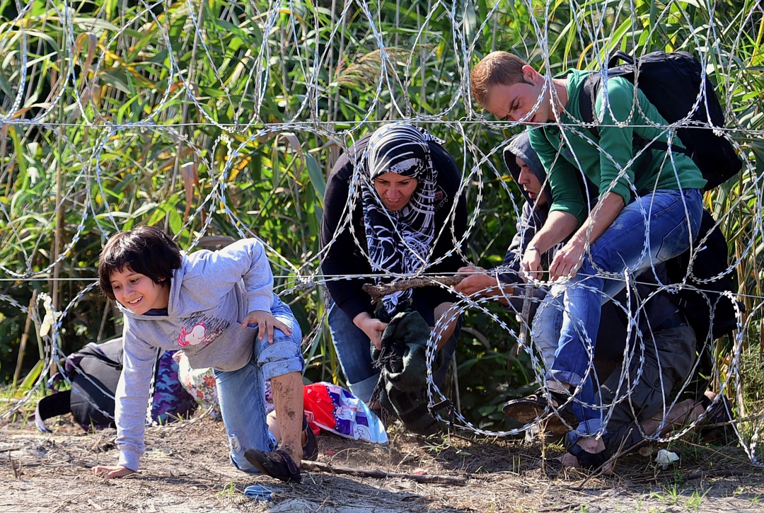 TOPSHOTSA child of a migrant family creeps under the barbed fence near the village of Roszke on the Hungarian-Serbian border on August 28, 2015 . As Europe struggles with its worst migrant crisis since World War II, and Hungarian police has  so far this year intercepted some 141,500 migrants crossing into Hungary, mostly from neighboring Serbia.   AFP PHOTO / ATTILA KISBENEDEK