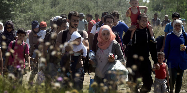 Syrian Refugees and migrants walk across a field as they head from Gevgelija in Macedonia  (Also referred to as the Former Yugoslav Republic of Macedonia) to the Serbian border on August 30, 2015. The EU is grappling with an unprecedented influx of people fleeing war, repression and poverty in what the bloc has described as its worst refugee crisis in 50 years. AFP PHOTO / ARIS MESSINIS