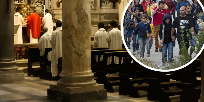 The Catholic priests inside the cathedral in Pisa on the field of miracles.