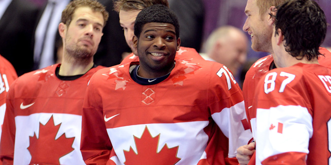 SOCHI, RUSSIA - FEBRUARY 23:  Gold medalists P.K. Subban #76 and Sidney Crosby #87 of Canada celebrate during the medal ceremony after defeating Sweden 3-0 during the Men's Ice Hockey Gold Medal match on Day 16 of the 2014 Sochi Winter Olympics at Bolshoy Ice Dome on February 23, 2014 in Sochi, Russia.  (Photo by Harry How/Getty Images)