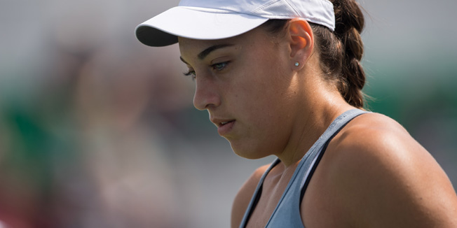 NOTTINGHAM - ENGLAND - JUNE 15: Ana Konjuh of Croatia  during her match against Monica Niculescu of Romania at Nottingham Tennis Centre on June 15, 2015 in Nottingham, England.  (Photo by Jon Buckle/Getty Images for LTA)