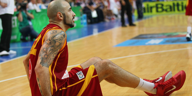 VILNIUS, LITHUANIA - SEPTEMBER 12: Pero Antic of Macedonia lies on the pitch during the EuroBasket 2011 second round group F match between Russia and Macedonia at Siemens Arena on September 12, 2011 in Vilnius, Lithuania. (Photo by Christof Koepsel/Bongarts/Getty Images)