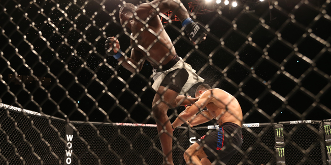 SAITAMA, JAPAN - SEPTEMBER 27:  Uriah Hall of Jamaica kicks Gegard Mousasi of Iran in their middleweight bought during UFC Fight Night at Saitama Super Arena on September 27, 2015 in Saitama, Japan.  (Photo by Ken Ishii/Getty Images)