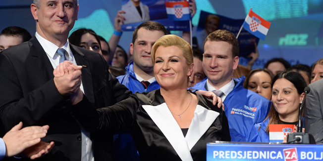 Zagreb, 110115.Slavonska avenija 6.Izborni stozer predsjednicke kandidatkinje Kolinde Grabar Kitarovic u Hypo centru slavi objavu rezultata izbora za predsjednika Republike Hrvatske.Kolinda Grabar Kitarovic nova je predsjednica Republike Hrvatske.Na fotografiji: Tomislav Karamarko i Kolinda Grabar Kitarovic.Foto: Goran Mehkek / CROPIX
