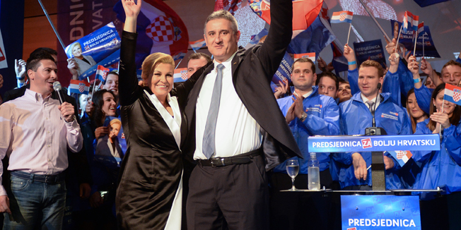 Zagreb, 110115.Slavonska avenija 6.Izborni stozer predsjednicke kandidatkinje Kolinde Grabar Kitarovic u Hypo centru slavi objavu rezultata izbora za predsjednika Republike Hrvatske.Kolinda Grabar Kitarovic nova je predsjednica Republike Hrvatske.Na fotografiji: Slavlje Kolinde Grabar Kitarovic.Foto: Goran Mehkek / CROPIX