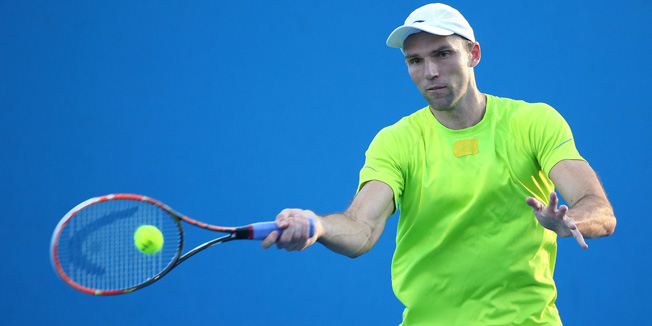 MELBOURNE, AUSTRALIA - JANUARY 19:  Ivo Karlovic of Croatia plays a forehand in his first round match against Ruben Bemelmans of Belgium during day one of the 2015 Australian Open at Melbourne Park on January 19, 2015 in Melbourne, Australia.  (Photo by Scott Barbour/Getty Images)