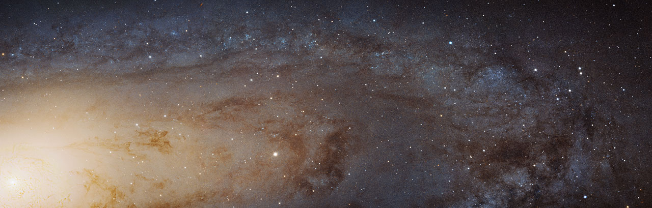 This image, captured with the NASA/ESA Hubble Space Telescope, is the largest and sharpest image ever taken of the Andromeda galaxy â otherwise known as M31. This is a cropped version of the full image and has 1.5 billion pixels. You would need more than 600 HD television screens to display the whole image. It is the biggest Hubble image ever released and shows over 100 million stars and thousands of star clusters embedded in a section of the galaxyâs pancake-shaped disc stretching across over 40 000 light-years. This image is too large to be easily displayed at full resolution and is best appreciated using the zoom tool.