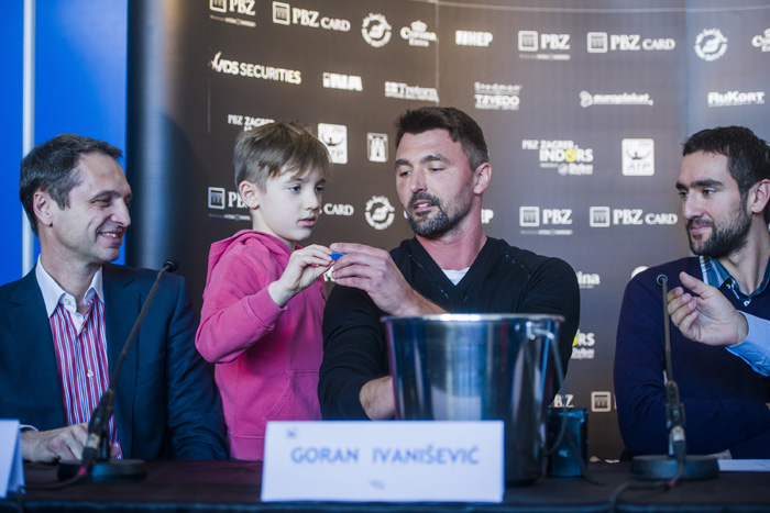 Zagreb, 310115.Od 31.01.-08.02. u Domu sportova odrzava se 10. jubilarno izdanje teniskog turnira PBZ Zagreb Indoors.Danas je odrzan zdrijeb i konferencija za medije Marina Cilica koji je morao odustati od turnira zbog ozlijede ramena.Na fotografiji: Branko Horvat, Goran Ivanisevic, Marin Cilic. Emanuel Ivanisevic pomogao je pri izvlacenju igraca.Foto: Neja Markicevic / CROPIX
