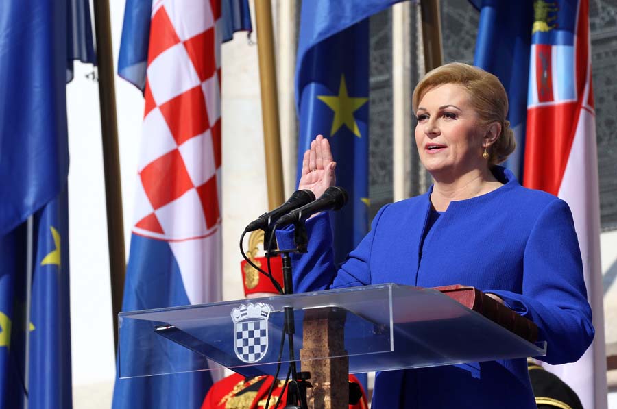 Zagreb, 150215.Markov trg.Svecana predsjednicka inauguracija novoizabrane predsjednice RH Kolinde Grabar Kitarovic na Trgu sv. Marka.Na fotografiji: Kolinda Grabar Kitarovic.Foto: HINA / pool / CROPIX