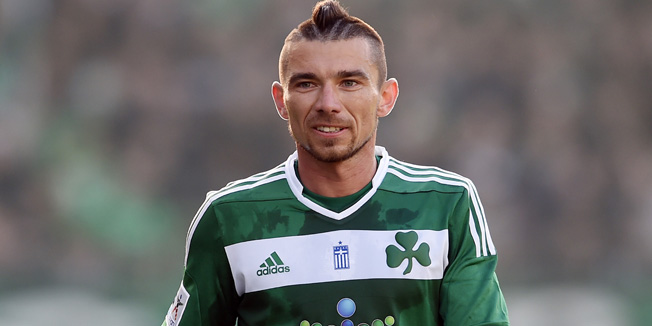 ATHENS,GREECE - APRIL 16:  Danijel Pranjic of Panathinaikos in action during the Greek Cup semi-final match between Panathinaikos FC and OFI Crete FC at the Apostolos Nikolaidis Stadium on April 16, 2014  in Athens,Greece. (Photo by Aris Messinis/EuroFootball/Getty Images)