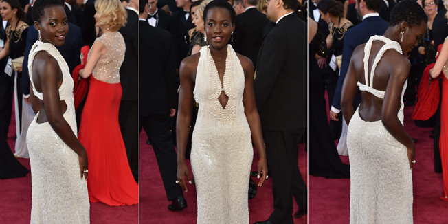 Actress Lupita Nyong'o poses on the red carpet in this combination image for the 87th Oscars on February 22, 2015 in Hollywood, California. Local media are reporting that the Los Angles Sheriff's office is invetigating the February 26, 2015, theft of Nyong's's Oscar dress worth an estimated 150,000 USD. Sheriff's office officials say the dress with 6,000 pearls was reported stolen from the London West Hollywood Hotel.  AFP PHOTO / MLADEN ANTONOV