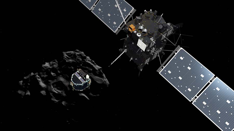 TOPSHOTSA handout released by the ESA/ATG medialab on November 12, 2014 shows an artists impression of the European probe Philae separating from its mother ship Rosetta and descending to the surface of comet 67P/Churyumov-Gerasimenko. The European probe Philae on November 12 was on course to make the first-ever landing on a comet after separating from its mother ship Rosetta, mission control said. AFP PHOTO / ESA/ATG MEDIALAB  -- RESTRICTED TO EDITORIAL USE - MANDATORY CREDIT 