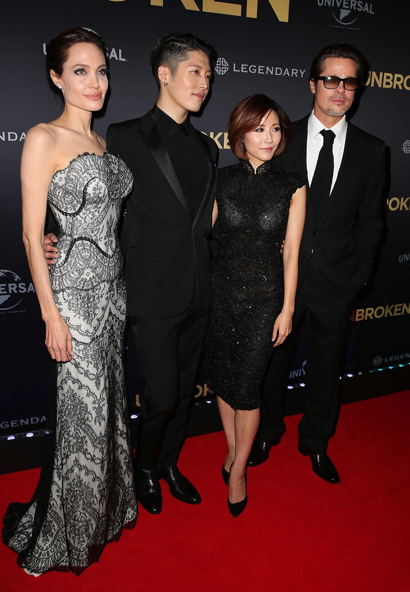 SYDNEY, AUSTRALIA - NOVEMBER 17:  (L-R) Angelina Jolie, Melody Ishihara, Miyavi Ishihara and Brad Pitt arrive at the world premiere of Unbroken at the State Theatre on November 17, 2014 in Sydney, Australia.  (Photo by Brendon Thorne/Getty Images)