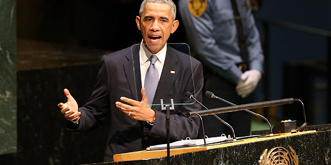 NEW YORK, NY - SEPTEMBER 24: President Barack Obama speaks at the 69th Session of the United Nations General Assembly at United Nations Headquarters on September 24, 2014 in New York City. World leaders, activists and protesters have converged on New York City for the annual UN event that brings together the global leaders for a week of meetings and conferences. This year's General Assembly has highlighted the problem of global warming and how countries need to strive to reduce greenhouse gas emissions.   Spencer Platt/Getty Images/AFP== FOR NEWSPAPERS, INTERNET, TELCOS & TELEVISION USE ONLY ==