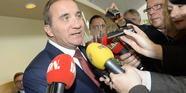 Social Democrat party leader Stefan Loefven speaks to journalists after being voted in as new Prime Minister of Sweden, in Stockholm on October 2, 2014.AFP PHOTO / TT NEWS AGENCY / JONAS EKSTROMER   +++ SWEDEN OUT +++