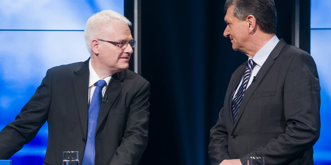 Zagreb, 211214.Jadran film, Studio 4.RTL-ovo suceljavanje predsjednickih kandidata Ive Josipovica, Kolinde Grabar Kitarovic, Milana Kujundzica i Ivana Vilibora Sincica pod vodstvom Igora Bobica.Na fotografiji: Ivo Josipovic i Milan Kujundzic. Foto: Neja Markicevic / CROPIX