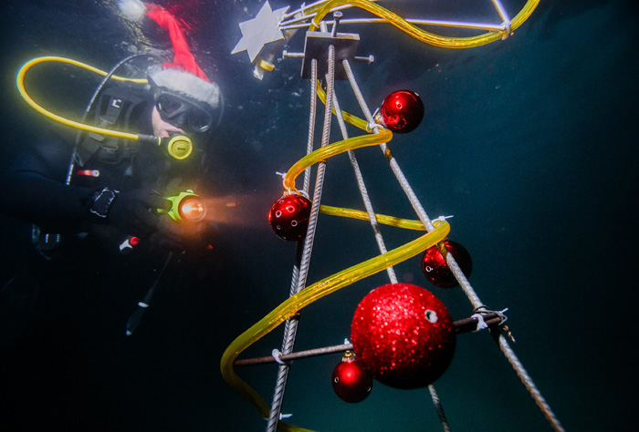 Split, 241214.Tradicionalno na Badnju vecer  na Matejusci ronioci Podvodno istrazivackog kluba Mornar iz Splita okupljaju se kako bi pored Boziv postavili  svjetlece Bozicno drvce  u more .Na fotografiji: Clanovi PIK-a Mornar postavljaju Bozicno drvce u more.Foto: Antonio Rossetti / CROPIX