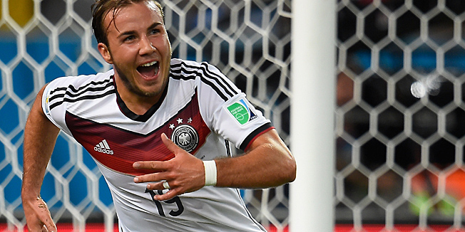 TOPSHOTSGermany's forward Mario Goetze celebrates after scoring a goal during the second half of extra-time during the 2014 FIFA World Cup final football match between Germany and Argentina at the Maracana Stadium in Rio de Janeiro, Brazil, on July 13, 2014. Germany won the match 1-0. AFP PHOTO / ODD ANDERSEN